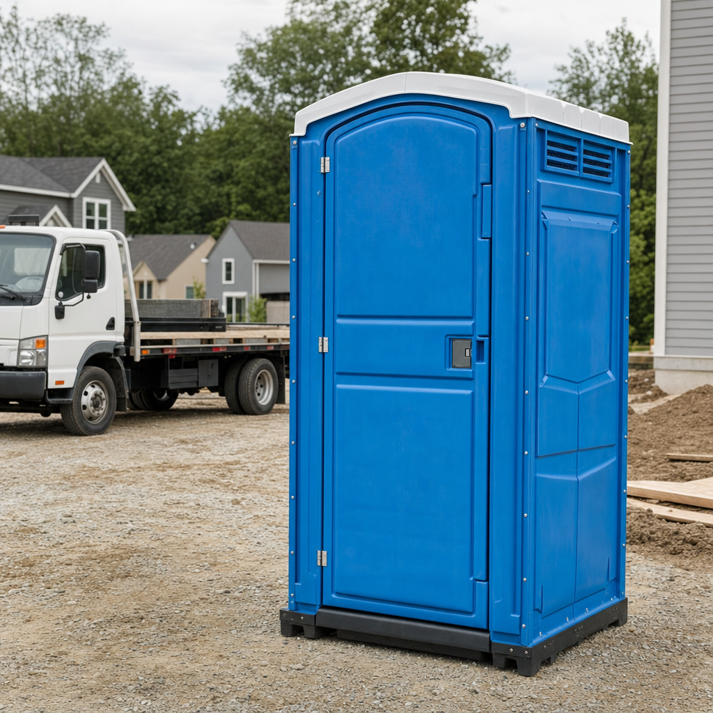 Delivery driver positioning a clean royal-blue portable toilet on level ground at a Greensboro worksite