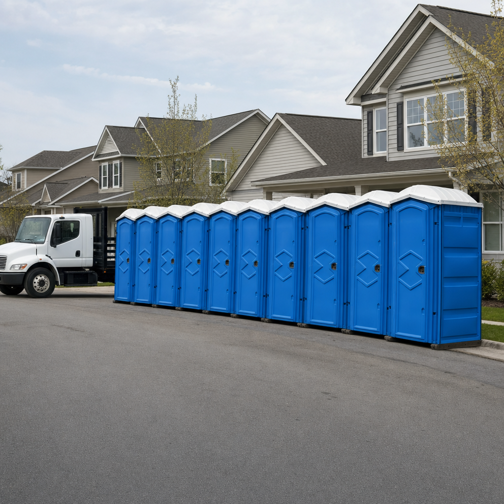Royal blue portable toilets staged in a tidy row at a Greensboro jobsite, ready for delivery